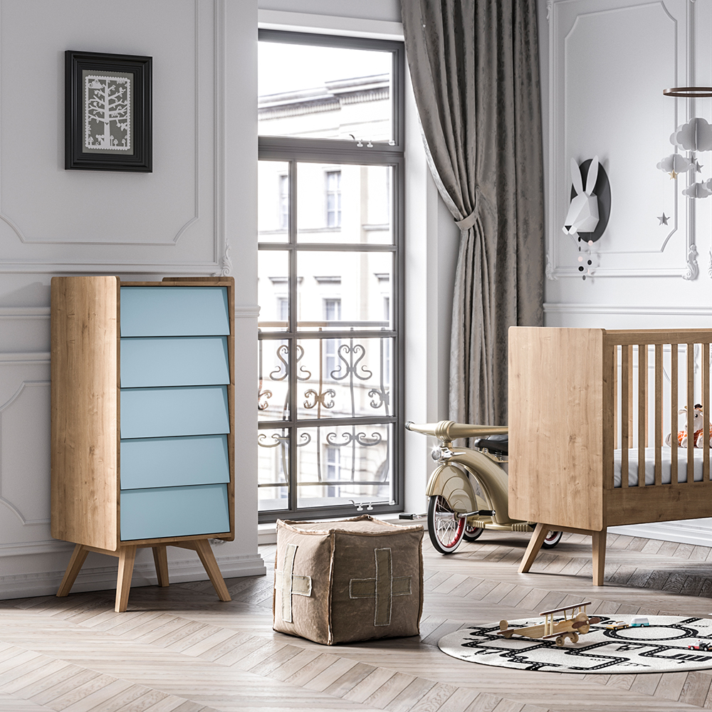 Chiffonnier 5 tiroirs Vintage - Chêne/Bleu - Vox