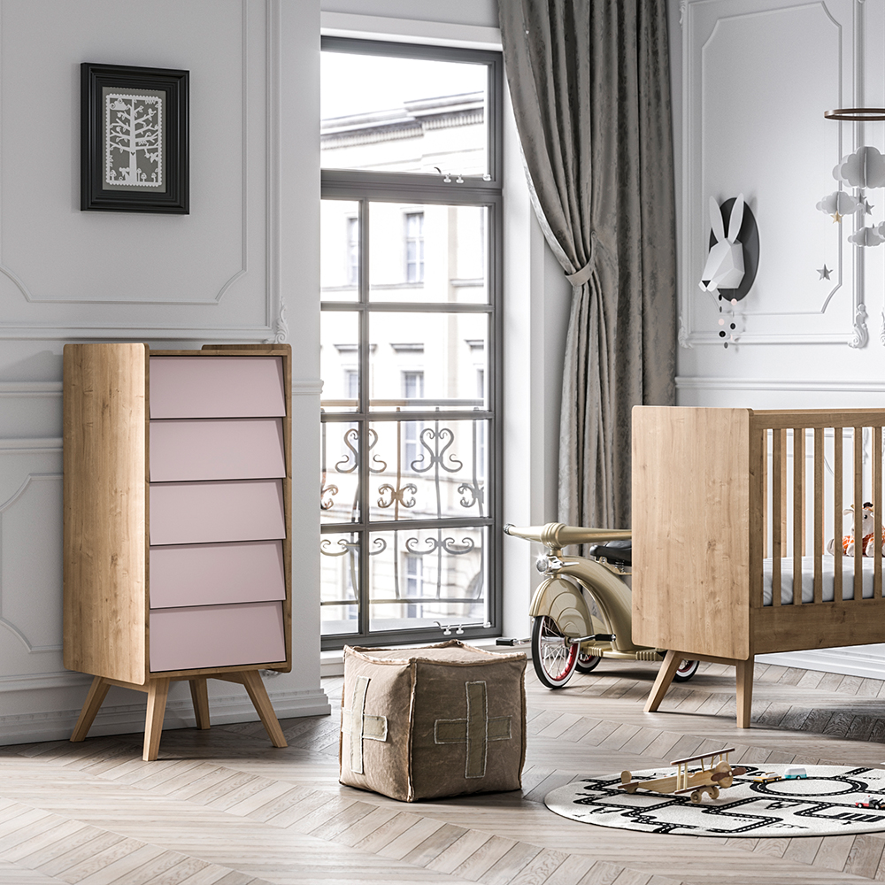 Chiffonnier 5 tiroirs Vintage - Chêne/Rose - Vox