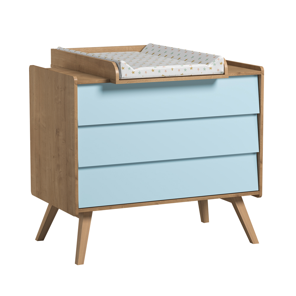 Commode 3 tiroirs à langer Vintage - Chêne/Bleu - Vox