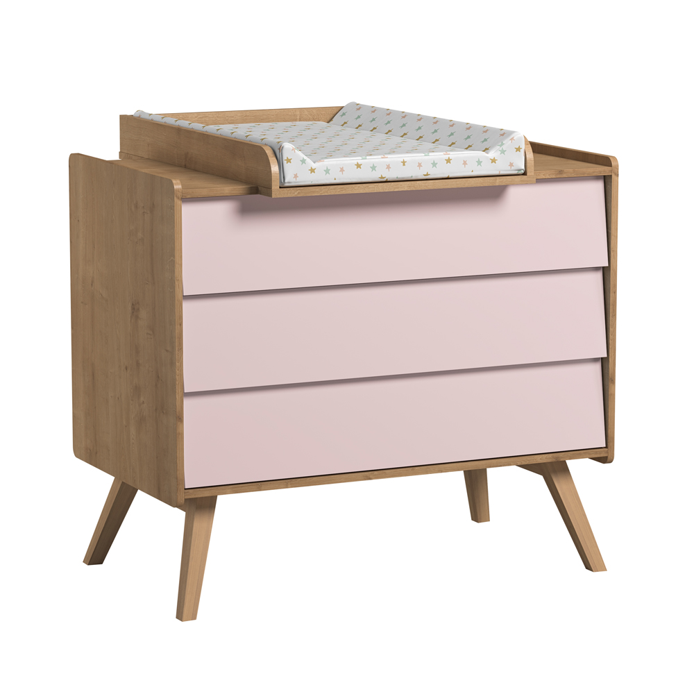 Commode 3 tiroirs à langer Vintage - Chêne/Rose - Vox