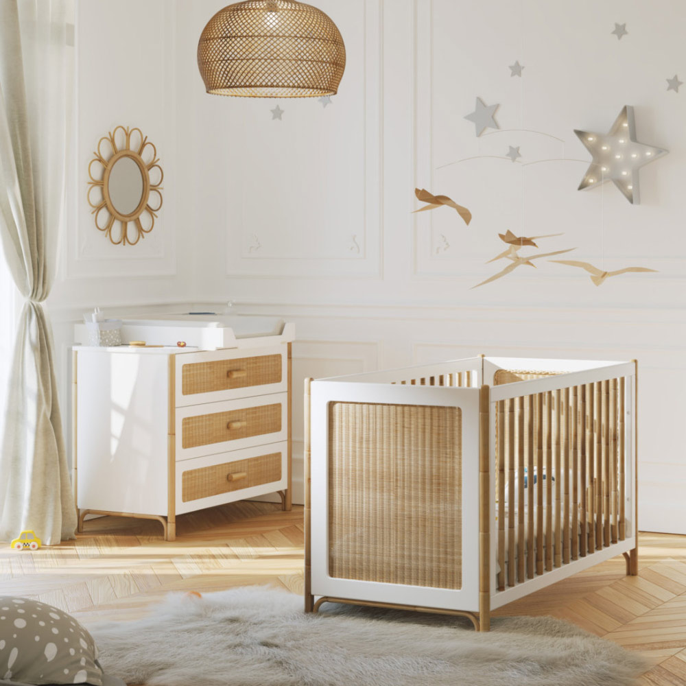 Lit bébé évolutif cèdre et rotin Océania 60x120cm - Blanc Théo