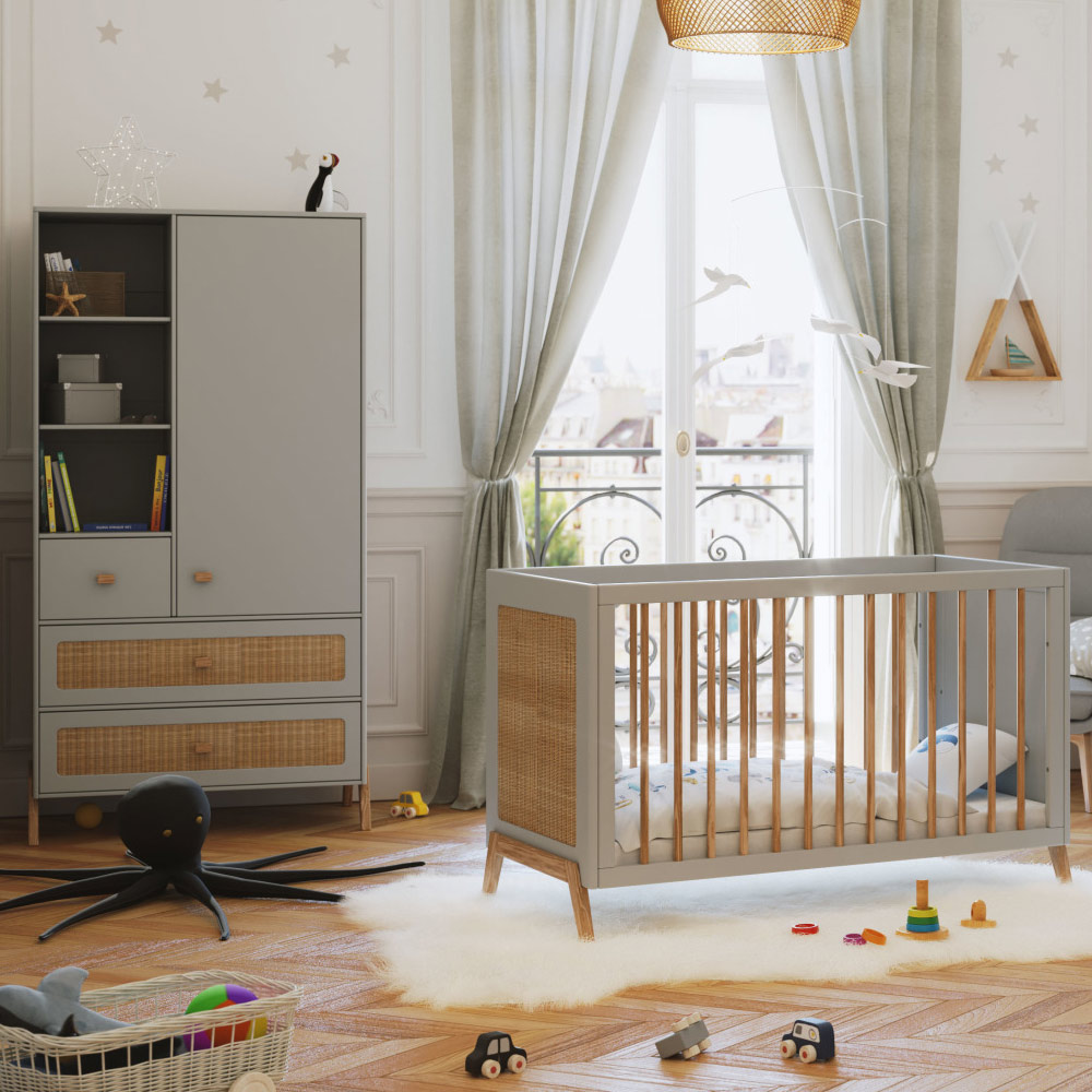 Lit bébé évolutif cèdre et rotin Marélia 60x120cm - Lune Théo